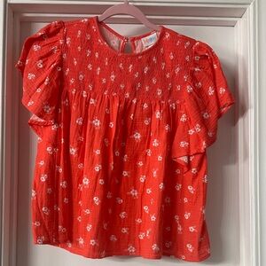 LuLaRoe Bright Pink / Coral Floral Smocked Flutter Sleeve Top